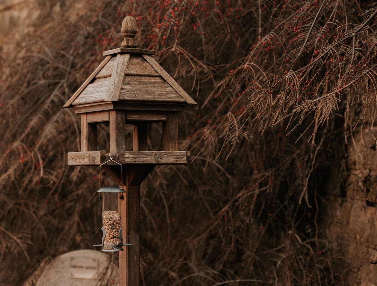A rustic wooden bird feeder mounted on a post