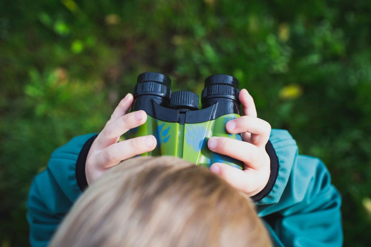 A child looking through binoculars in a grassy field