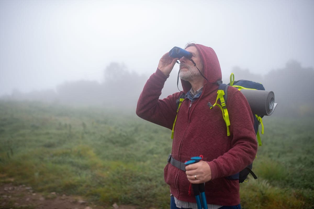A birder with a backpack using binoculars in misty countryside