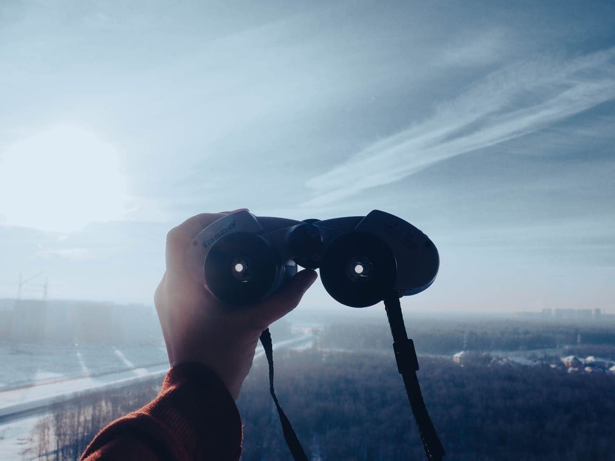A hand holding binoculars up toward a bright horizon