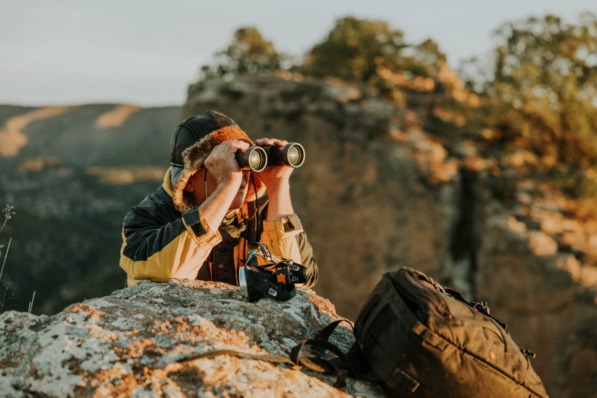 A person looking through binoculars over a canyon at dusk