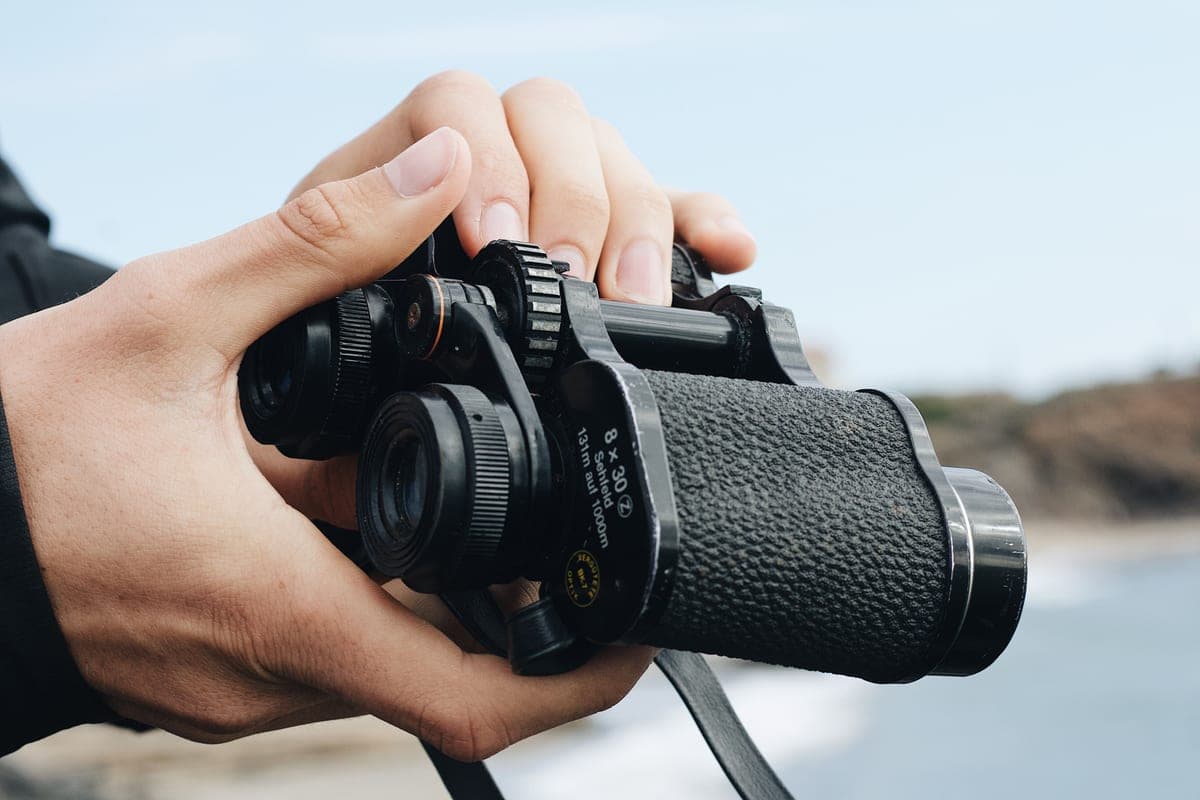 Hands holding a pair of binoculars outdoors by the coast
