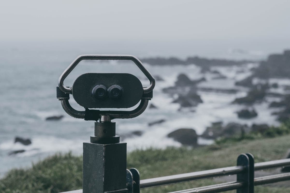 Binoculars resting on rock overlooking a misty coastline